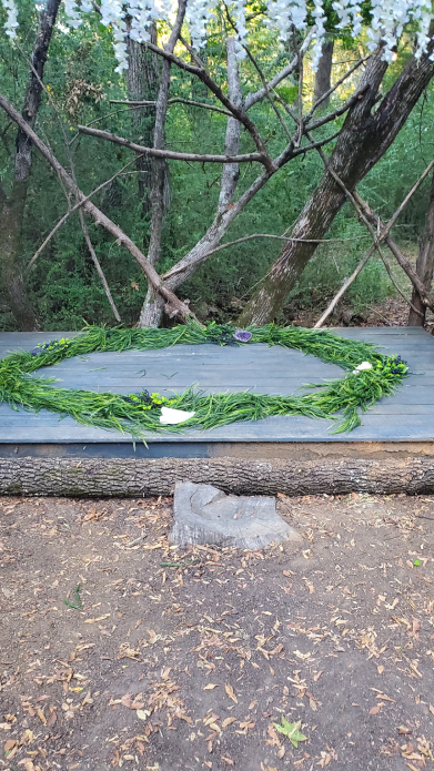 Viking ceremony circle setup on wooden platform for symbolic wedding ritual